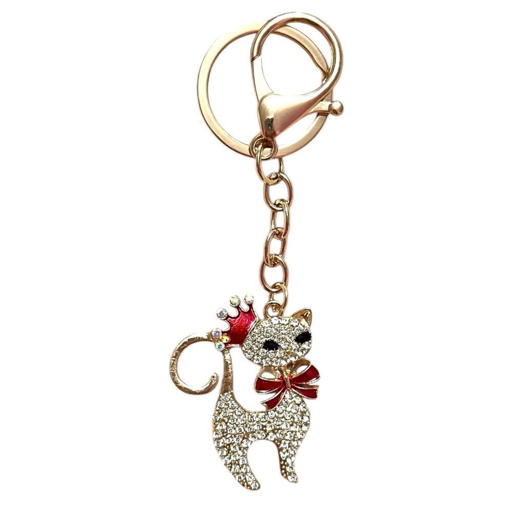 Fancy Crystal Cat Keychain Bag Charm With Red Crown And Bow